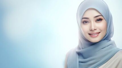 Poster - A beautiful Indonesian woman wearing a light blue hijab smiles against a soft blue background