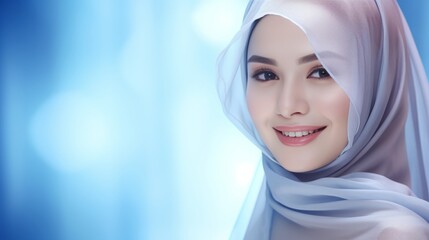 Poster - A smiling Indonesian model with a light blue hijab