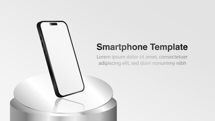 Poster - Realistic 3D Smartphone Mockup on Silver Display Podium. Black Smart mobile phone display on mirror material stage banner. Smartphone screen with perspective side view template. Vector.