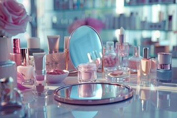 Leinwandbilder - A close-up shot of a vanity table with a tabletop mirror and various cosmetic products. Generative AI