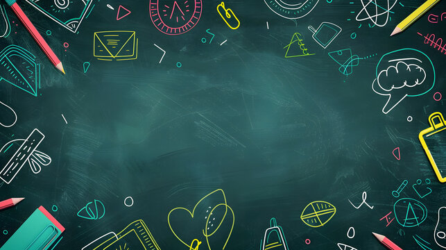 A chalkboard background with school icons and drawings, a paper clip on the left side of the frame. Copy space area for text