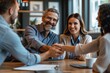 © Pual GotoMars - A real estate agent closing a deal with happy clients focus on success, celebration theme, dynamic, overlay, office backdrop