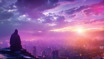 Wall Mural - Jesus Christ overlooks city at dawn symbolizing Christianity and his eventual return. Concept Religious Symbolism, Christianity, Second Coming of Jesus, Dawn, Urban Landscape