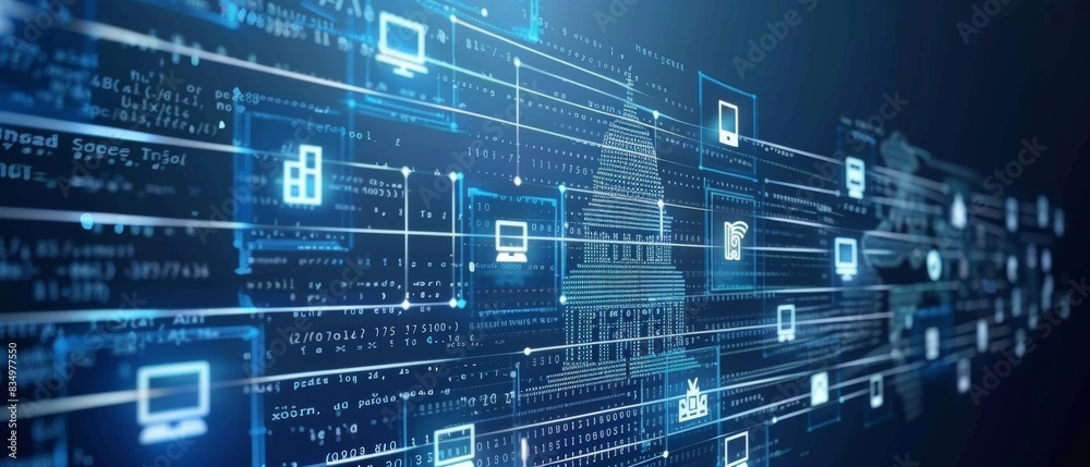 Futuristic digital data visualization with blue technology icons and ...