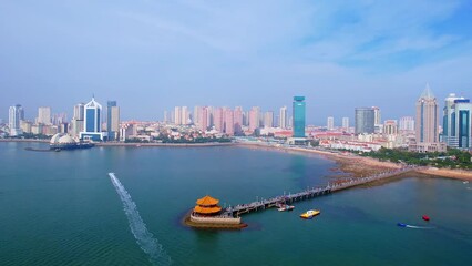 Poster - Aerial Photography of the Scenery of Qingdao Zhanqiao Huilan Pavilion and Urban Skyline in Shandong, China