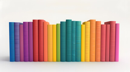 A row of colorful books on white background, 3d rendering illustration with copy space for text or design. Book and reading concept