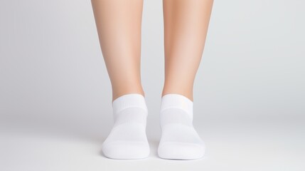 Wall Mural - Side view of beautiful smooth female legs in short white cotton socks on a plain background on tiptoes. Mock up blank clothing template