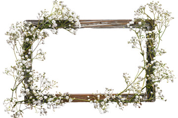 A wreath of Gypsophila flowers delicately entwined around a rustic wooden frame, isolated on white background