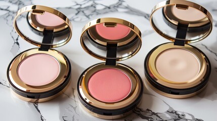 Aufkleber - Three compact cases with powder and blush, open and closed, on a marble surface. Generative AI