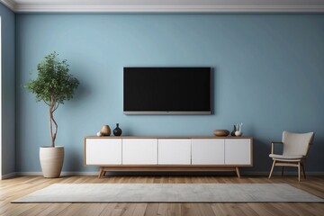  Interior home of living room with wooden cabinet for TV LED on blue wall, hardwood floor