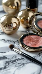 Poster - Close-up of gold compact cases with powder and blush, featuring rich colors and elegant presentation on a marble surface. Generative AI