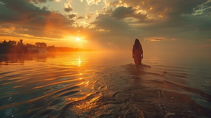 Wall Mural - A serene image of Jesus Christ walking on water.