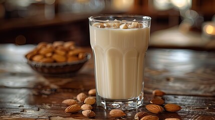 Wall Mural - A glass of almond milk, with a few almonds beside it.