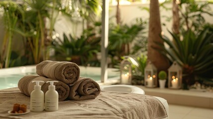 Sticker - Exquisite display of beauty treatment arranged on spa table in Relaxing and luxury spa resort