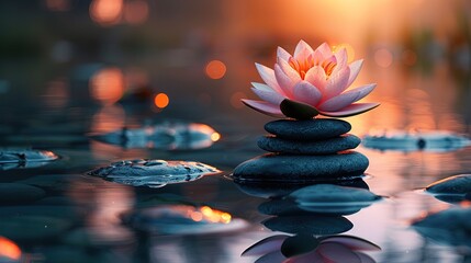 Sticker - Lotus flower on stacked stones in tranquil water at sunset. Zen and meditation concept