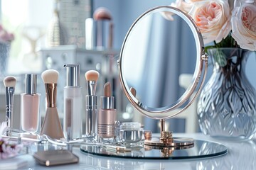 Poster - An elegant tabletop mirror surrounded by various cosmetic products on a bright white vanity. Generative AI