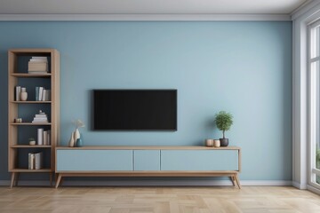  Interior home of living room with wooden cabinet for TV LED and book shelf on pastel blue wall, hardwood floor