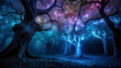 © John - Fantasy forest trees with mystical glowing magical energy, colorful blue purple surreal enchanted landscape