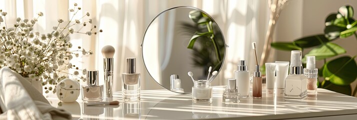 Poster - A vanity table with a mirror and an array of cosmetic products. Generative AI