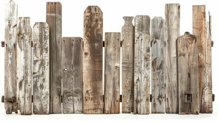 assortment of weathered wooden fence panels arranged in a rustic composition isolated on white