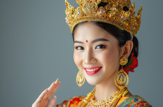 A beautiful Thai woman in traditional costume, wearing a crown and dancing with a hand pose isolated on a grey background with copy space
