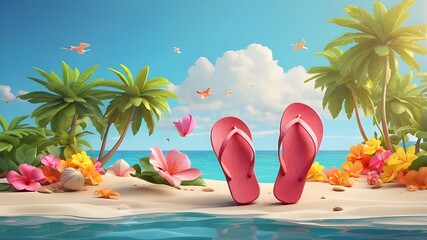 Poster - 3d illustration Summer Beach Flip Flops sandals, Hello Summer, Summertime, Back to travel Concept