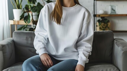 Wall Mural - blank white crewneck sweatshirt mockup on young woman sitting in modern living room apparel design template