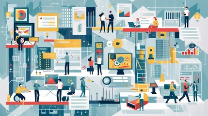 Wall Mural - Create an infographic on the future of work and innovation. Discuss trends like remote work, automation, and the gig economy, and their implications for innovation.