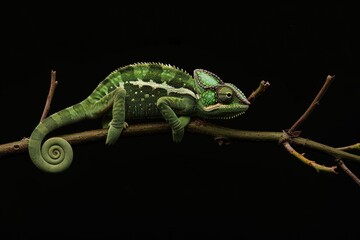 Wall Mural - Amazing chameleon sitting on twig on black background.