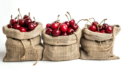 Set of ripe red cherries in burlap sacks on white background