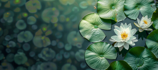 Solitary white water lily blooms in a tranquil pond