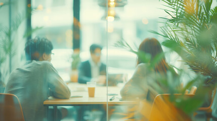 Aufkleber - People in a meeting with sunlight in the background, creative concept of teamwork. Generative AI
