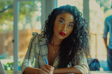 Wall Mural - A beautiful black woman with long curly hair, sitting at her desk in an open plan home office writing on paper and smiling into the camera