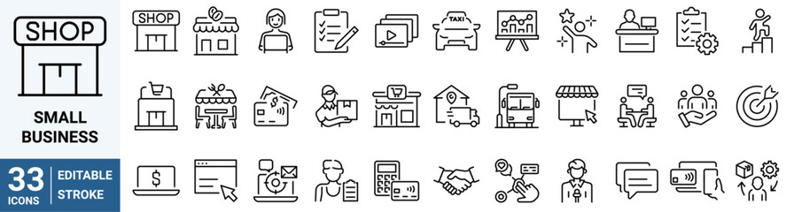 Small business line web icons. growth. Shop, Cafe, Social media. Editable stroke.