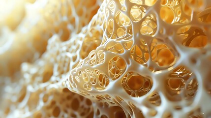 Close-up of a porous, honeycomb-like structure with a creamy texture and warm, golden tones. Abstract, organic, and intricate details.