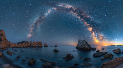 Wall Mural - A breathtaking shot of the Milky Way over a rocky coastline.