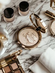 Poster - Close-up of compact cases containing powder and blush, arranged on a marble surface. Generative AI