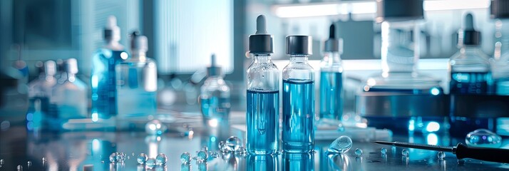 Poster - Glass bottles with serums and droplets on a lab surface. Generative AI