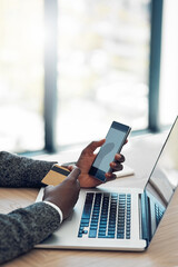 Poster - Man, credit card and banking for business with laptop, fintech and online payment with professional employee investing. Budget, financial and social networking for ecommerce, loan and cyber security