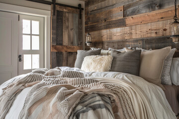 Wall Mural - A rustic chic bedroom with reclaimed wood walls, a barn door, and cozy layers of linens and throw blankets.