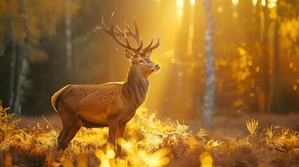 Red deer with big horns stand alone in the forest as the sun rises in the morning with warm rays.