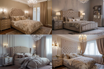 Wall Mural - An elegant bedroom with an upholstered bed, matching nightstands, and a chandelier providing soft lighting.