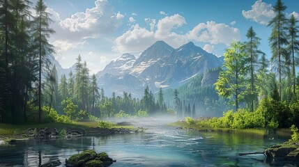 Wall Mural - majestic mountains lush forest and flowing river landscape realistic aigenerated artwork