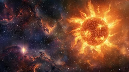 Wall Mural - majestic sun radiating light and energy set against the vast expanse of a starstudded galaxy backgro
