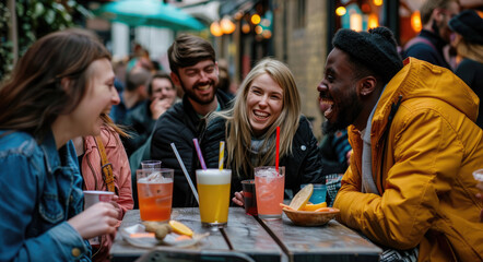 Sticker - A group of friends having drinks at an outdoor bar in the city, laughing and enjoying each other's company. They're surrounded by various cocktails on small plates with snacks like bread sticks or fri