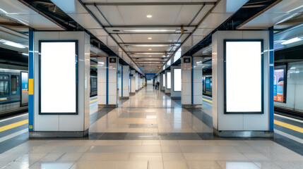 Empty modern subway station with illuminated advertisement boards