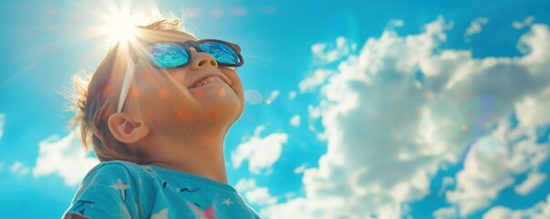 Wall Mural - A young child is wearing sunglasses and smiling at the camera. The sky is blue with a few clouds, and the sun is shining brightly. Scene is cheerful and happy