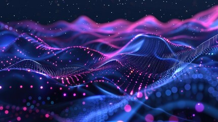Abstract futuristic digital background with blue and purple glowing dots on a dark gradient wave landscape.