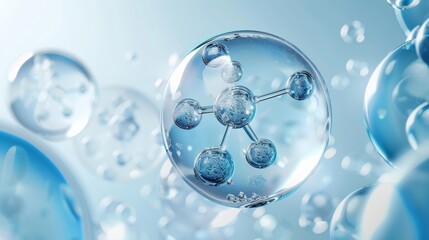 Poster - Abstract Molecular Structure with Blue Spheres and Bubbles, Concept of Science, Medicine, and Innovation