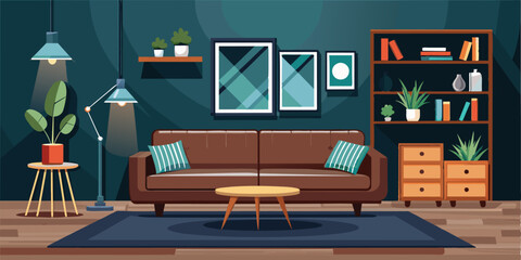 Wall Mural - modern living room with leather sofa, black walls